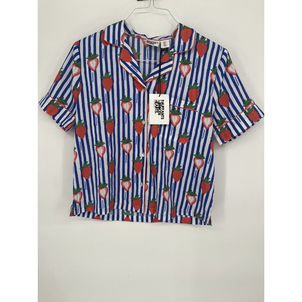 NEW Bouffants and Broken Hearts Short Sleeve Strawberry Striped Pajama Top Small